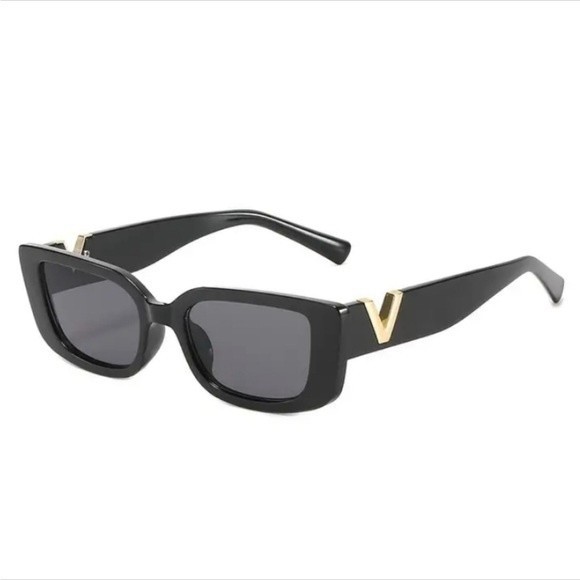 Black Rectangular V Sunglasses Unisex Vintage 90s - Picture 3 of 4